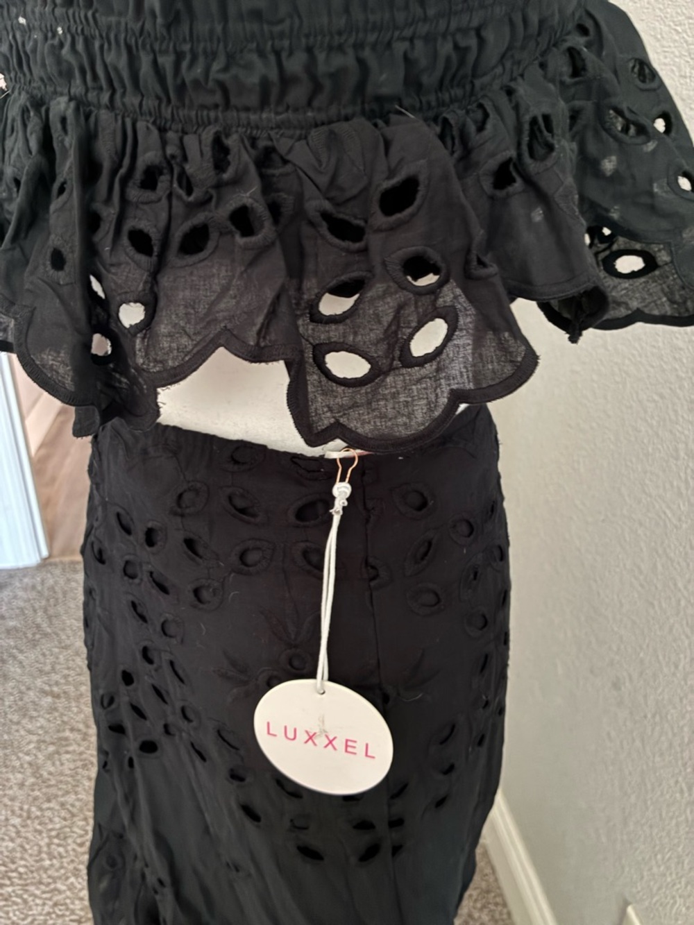 Luxxel Black Eyelet Maxi Skirt & Crop Top- top is a small and skirt is a medium - Picture 6 of 7